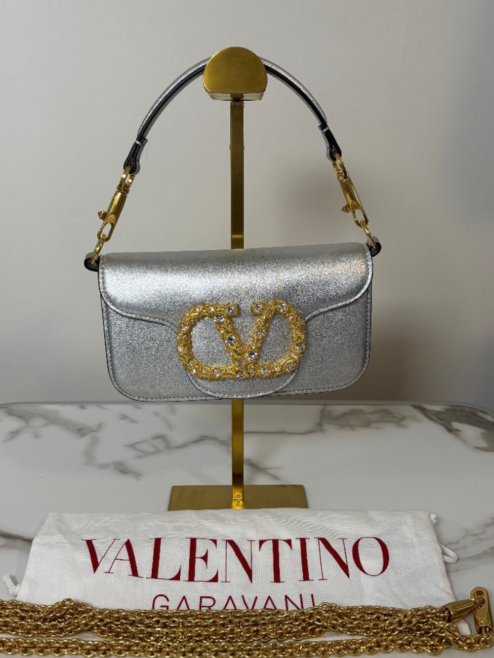 Valentino Garavani Small Loco Shoulder Bag Silver Crystal